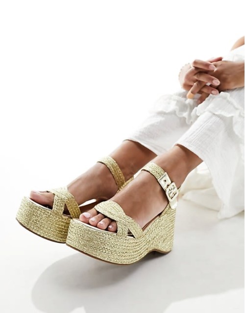 glam heeled metallic espadrille wedges in gold