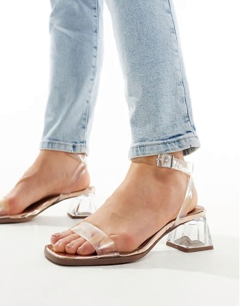 Wide Fit Hopeful block heeled sandals in clear and rose gold