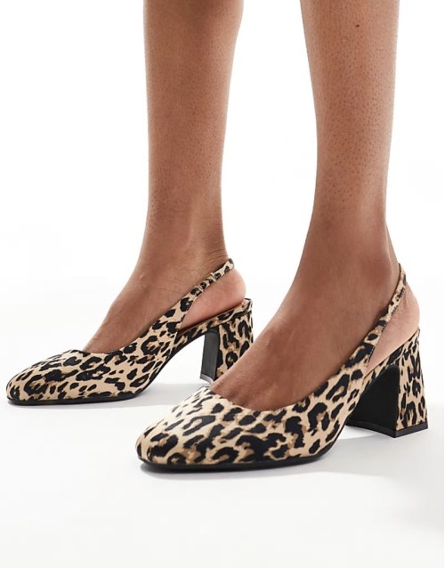 satin slingback block heeled shoe in leopard print