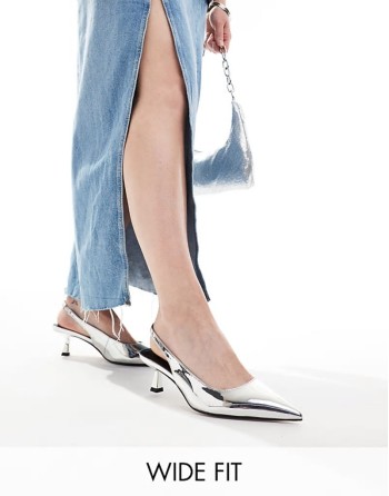 Wide Fit Stroll slingback kitten heeled shoes in silver - SILVER