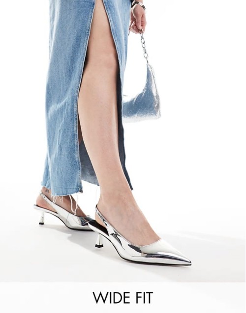 Wide Fit Stroll slingback kitten heeled shoes in silver - SILVER