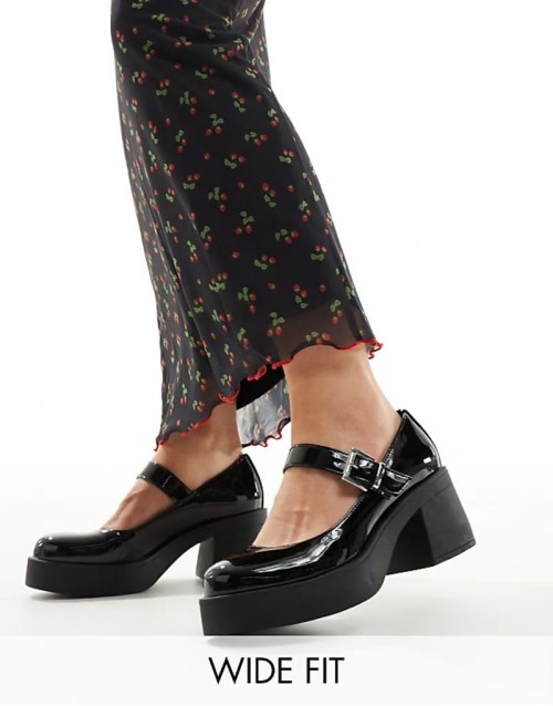 Wide Fit Sebastian chunky mary jane heeled shoes in black patent