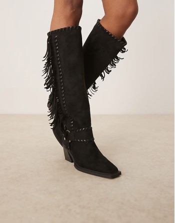 Cristina western fringe knee boots in black