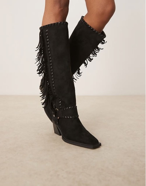 Cristina western fringe knee boots in black