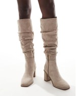 Daria ruched block heeled knee boots in taupe