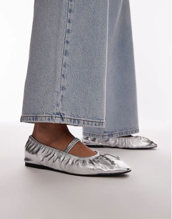 Chia leather ruched ballet flats with strap in silver
