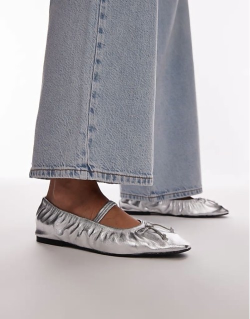 Chia leather ruched ballet flats with strap in silver