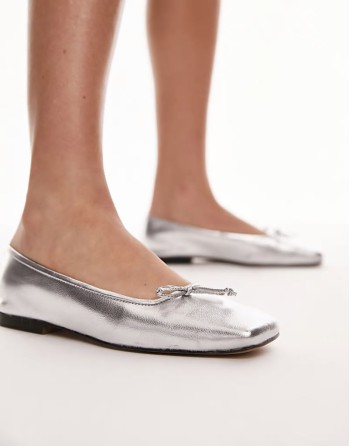Bethany leather square toe unlined ballerina shoe in silver