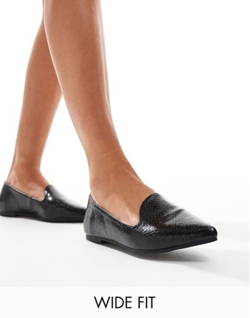 Celina wide fit pointed flat shoes in black snake