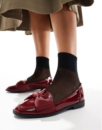 Wide Fit Mentor bow loafer flat shoes in burgundy patent