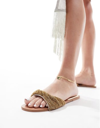 Simmi London Kenya embellished strap flat sandal in gold