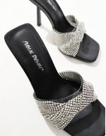 Pegasis twist front rhinestone embellished heeled mules in black