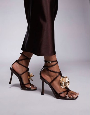 Nobel flower detail caged high heeled sandals in brown